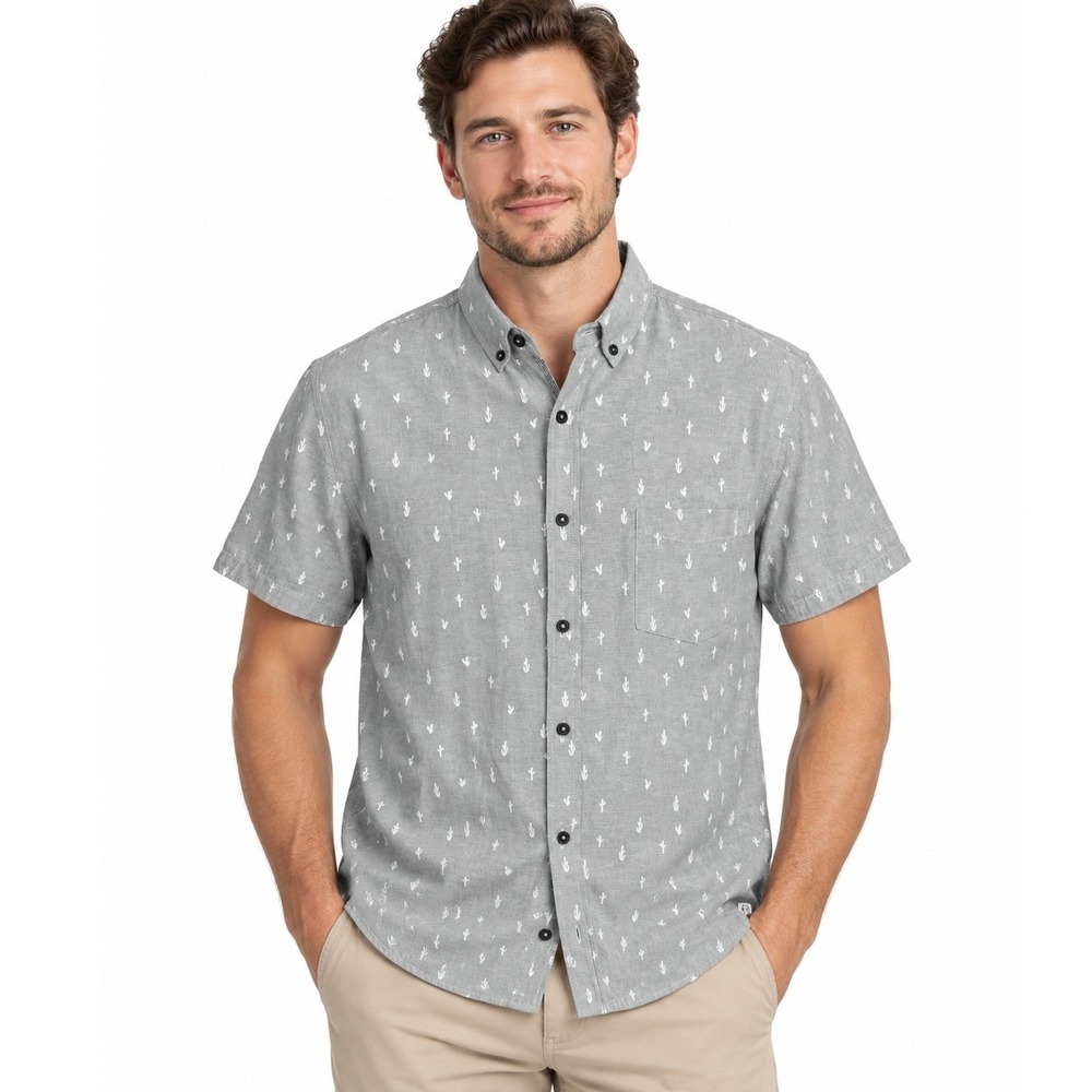 Sovereign Code Mens Grey Cactus Print Short Sleeve Button Down Shirt | Large